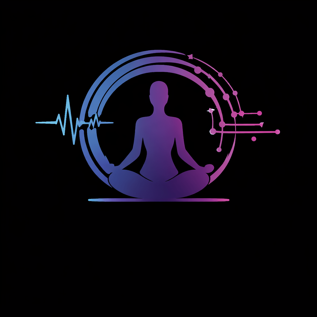 Meditating silhouette with biometric symbols and VitalWear wellness biometric leggings text