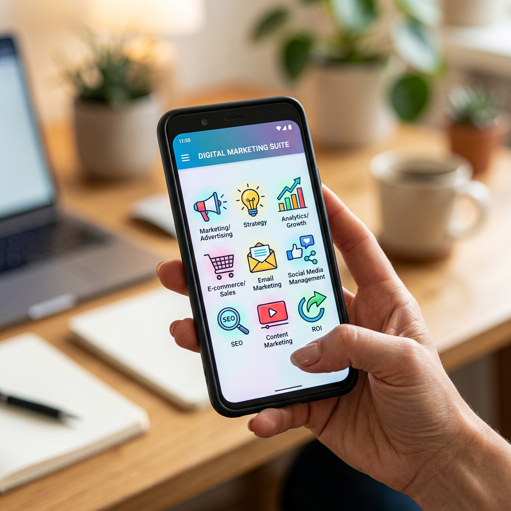 Smartphone screen showing digital marketing suite app icons for marketing, strategy, analytics, e-commerce, email, social media, SEO, content marketing, and ROI.