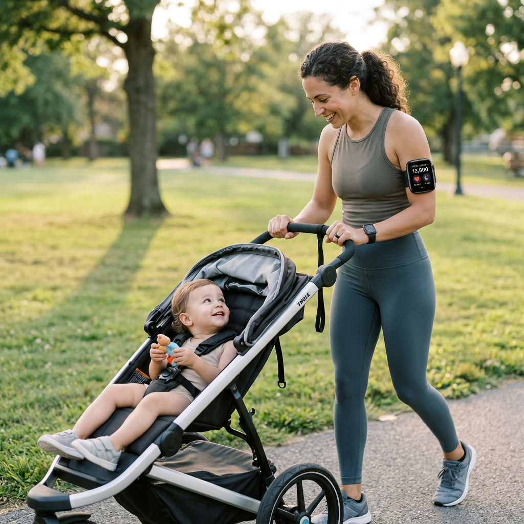 Mother jogging in park pushing stroller with toddler inside