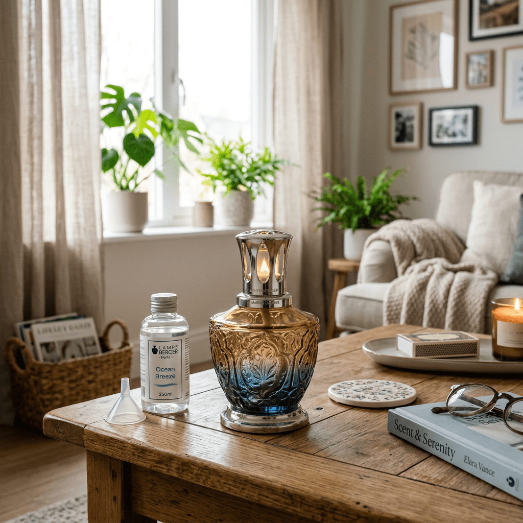 Decorative fragrance lamp lit on wooden table with bottle of Ocean Breeze scent and cozy living room background