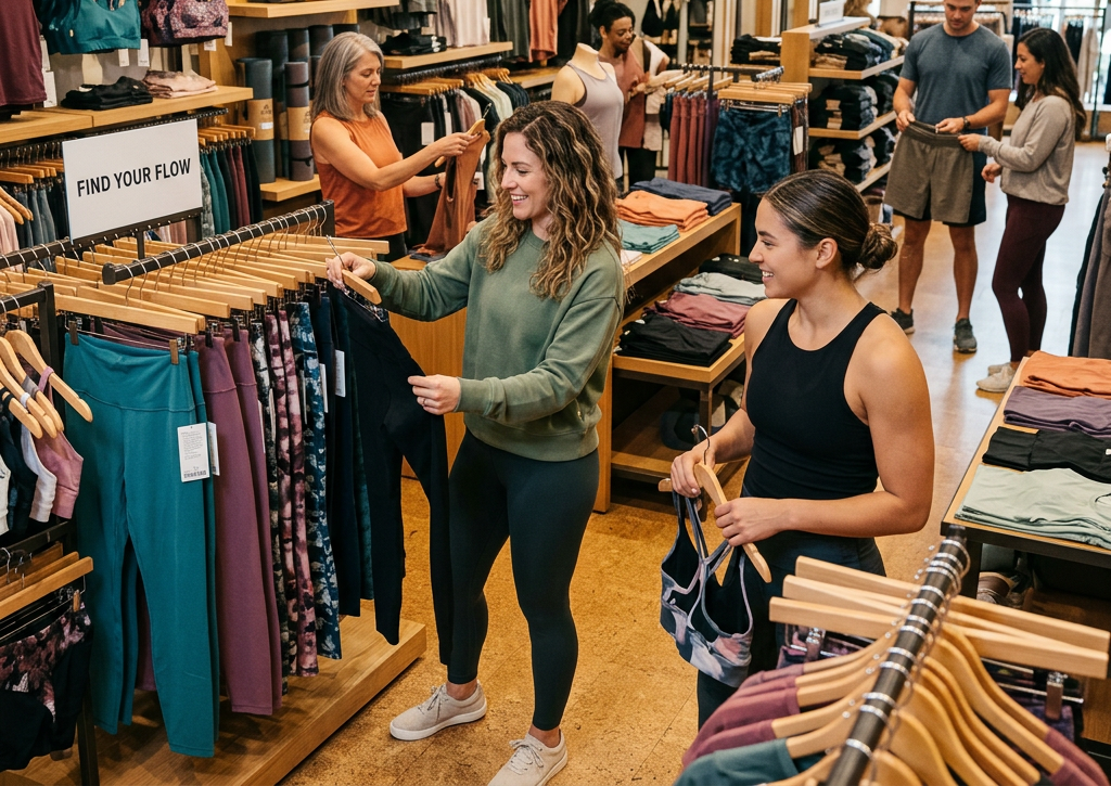 Shoppers selecting activewear and yoga clothing inside a prana retail store
